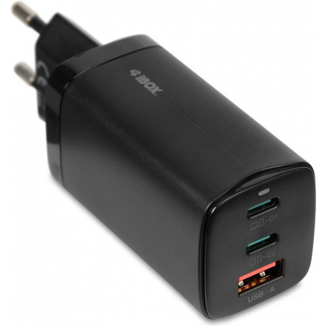 iBOX C-65 - Power adapter - 65 Watt - 5 A - Apple Fast Charge, Huawei Fast Charge, PD 3.0, QC 3.0, QC 4+, AFC, SCP, Apple 2.4A - 3 output connectors - on cable: USB, USB-C - black - 0
