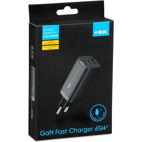 iBOX C-65 - Power adapter - 65 Watt - 5 A - Apple Fast Charge, Huawei Fast Charge, PD 3.0, QC 3.0, QC 4+, AFC, SCP, Apple 2.4A - 3 output connectors - on cable: USB, USB-C - black - 7