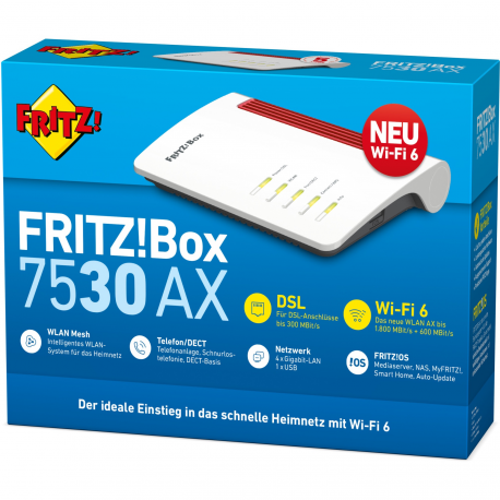 AVM FRITZ!Box 7530 AX - Wireless router - DSL modem - 4-port switch - GigE - 802.11a/b/g/n/ac/ax - Dual Band - VoIP phone adapter (DECT) - 3