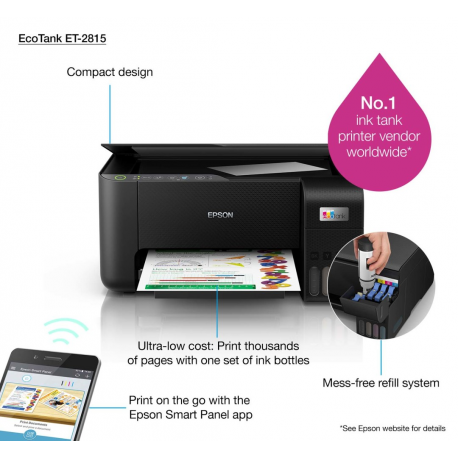 Epson EcoTank ET-2815 - Multifunction printer - colour - ink-jet - refillable - A4 (media) - up to 10 ppm (printing) - 100 sheets - USB, Wi-Fi - black - 22