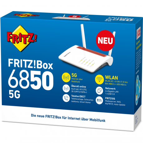 AVM FRITZ!Box 6850 5G - Wireless router - WWAN - 4-port switch - GigE - 802.11a/b/g/n/ac - Dual Band - 3G, 4G, 5G - VoIP phone adapter - 8