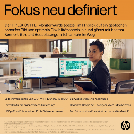 HP E24 G5 - E-Series - LED monitor - 23.8" (23.8" viewable) - 1920 x 1080 Full HD (1080p) @ 75 Hz - IPS - 250 cd / m² - 1000:1 - 5 ms - HDMI, DisplayPort, USB-C - black head, black and silver (stand) - 4