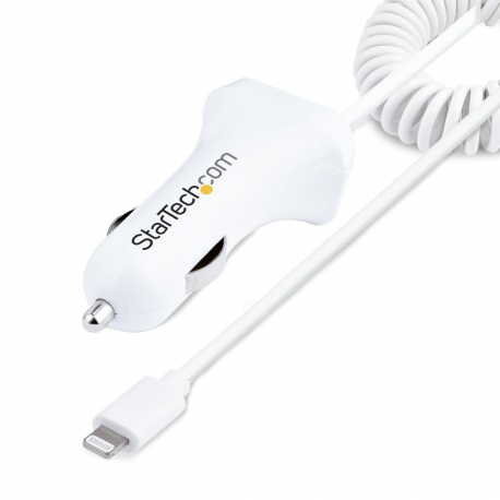 StarTech.com Lightning Car Charger with 1m Coiled Lightning Cable, 12W, White, 2 Port USB Car Charger Adapter for Phones and Tablets, In Car Apple iPhone / iPad Charger w / Built-in Cord - Dual USB Car Charger (USBLT2PCARW2) - Car power adapter - 12 Watt - 4.2 A - 2 output connectors (USB, Lightning) - white - 0