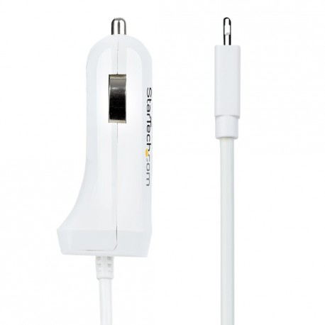 StarTech.com Lightning Car Charger with 1m Coiled Lightning Cable, 12W, White, 2 Port USB Car Charger Adapter for Phones and Tablets, In Car Apple iPhone / iPad Charger w / Built-in Cord - Dual USB Car Charger (USBLT2PCARW2) - Car power adapter - 12 Watt - 4.2 A - 2 output connectors (USB, Lightning) - white - 4