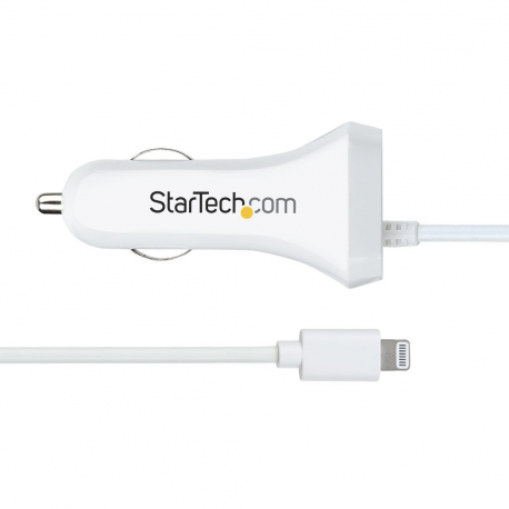 StarTech.com Lightning Car Charger with 1m Coiled Lightning Cable, 12W, White, 2 Port USB Car Charger Adapter for Phones and Tablets, In Car Apple iPhone / iPad Charger w / Built-in Cord - Dual USB Car Charger (USBLT2PCARW2) - Car power adapter - 12 Watt - 4.2 A - 2 output connectors (USB, Lightning) - white - 5