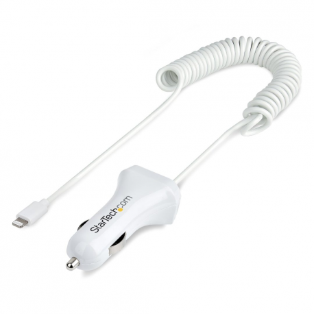 StarTech.com Lightning Car Charger with 1m Coiled Lightning Cable, 12W, White, 2 Port USB Car Charger Adapter for Phones and Tablets, In Car Apple iPhone / iPad Charger w / Built-in Cord - Dual USB Car Charger (USBLT2PCARW2) - Car power adapter - 12 Watt - 4.2 A - 2 output connectors (USB, Lightning) - white - 7