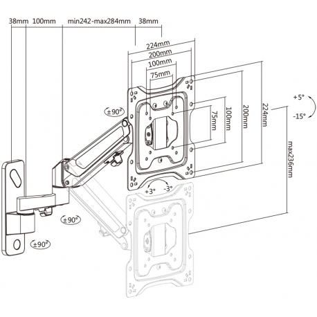 DIGITUS - Mounting kit (wall mount) - for LCD display/ curved LCD display - gas spring, swivel arm - plastic, aluminium, steel - matte black - screen size: 17"-43" - 6