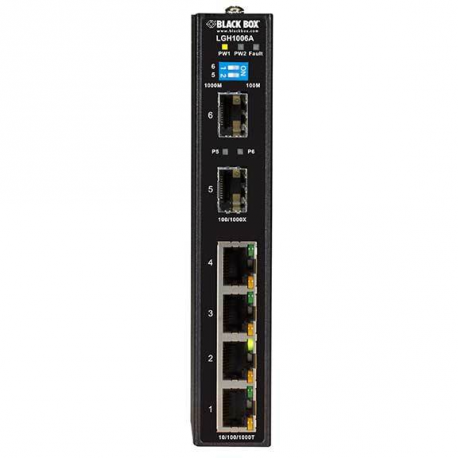 Black Box LGH1000 Series Industrial Ethernet Switch - Switch - unmanaged - 4 x 10 / 100 / 1000 + 2 x Gigabit SFP - DIN rail mountable, wall-mountable - DC power - 2