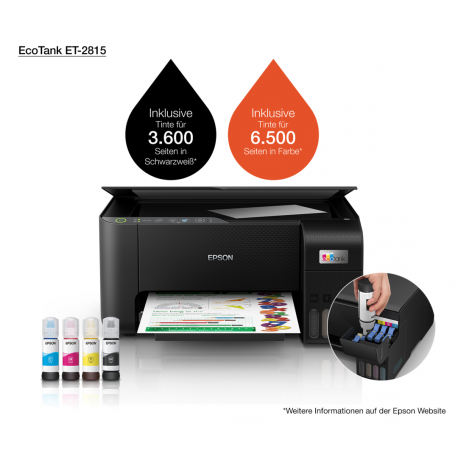 Epson EcoTank ET-2815 - Multifunction printer - colour - ink-jet - refillable - A4 (media) - up to 10 ppm (printing) - 100 sheets - USB, Wi-Fi - black - 49