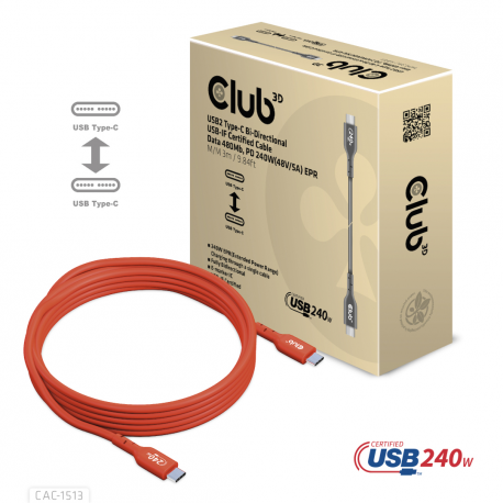 Club 3D - USB cable - 24 pin USB-C (M) to 24 pin USB-C (M) - 48 V - 5 A - 3 m - bi-directional, up to 240W power delivery support, extended power range (EPR) - 5