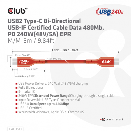 Club 3D - USB cable - 24 pin USB-C (M) to 24 pin USB-C (M) - 48 V - 5 A - 3 m - bi-directional, up to 240W power delivery support, extended power range (EPR) - 7