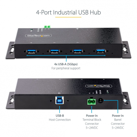 StarTech.com 4-Port Industrial USB 3.0 5Gbps Hub, Rugged USB Hub w / 15kV Air / 8kV Contact ESD and Surge Protection, DIN / Wall / Desk Mountable USB-A Hub, USB Expansion Hub with Locking Ports - Metal Construction (5G4AINDNP-USB-A-HUB) - Hub - industrial - 4 x USB 3.2 Gen 1 - desktop, DIN rail mountable, wall-mountable - 18