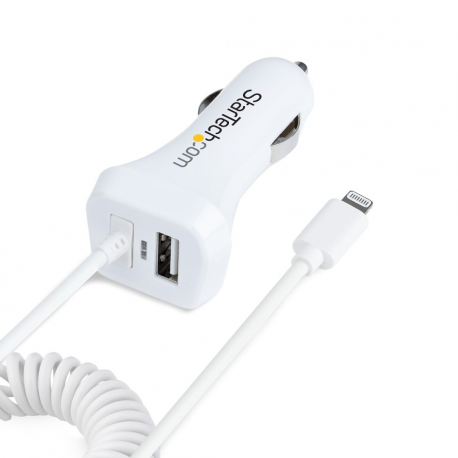 StarTech.com Lightning Car Charger with 1m Coiled Lightning Cable, 12W, White, 2 Port USB Car Charger Adapter for Phones and Tablets, In Car Apple iPhone / iPad Charger w / Built-in Cord - Dual USB Car Charger (USBLT2PCARW2) - Car power adapter - 12 Watt - 4.2 A - 2 output connectors (USB, Lightning) - white - 8