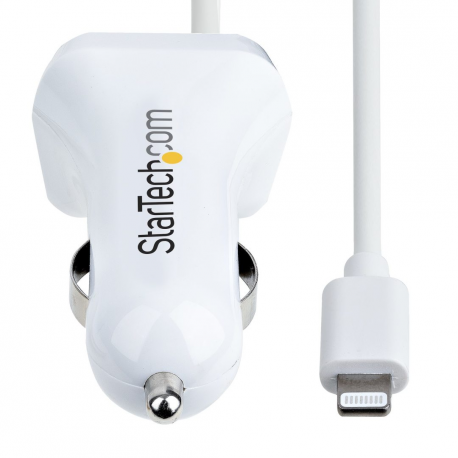 StarTech.com Lightning Car Charger with 1m Coiled Lightning Cable, 12W, White, 2 Port USB Car Charger Adapter for Phones and Tablets, In Car Apple iPhone / iPad Charger w / Built-in Cord - Dual USB Car Charger (USBLT2PCARW2) - Car power adapter - 12 Watt - 4.2 A - 2 output connectors (USB, Lightning) - white - 9