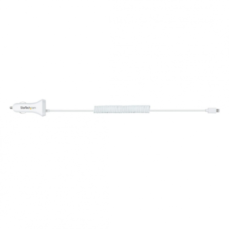 StarTech.com Lightning Car Charger with 1m Coiled Lightning Cable, 12W, White, 2 Port USB Car Charger Adapter for Phones and Tablets, In Car Apple iPhone / iPad Charger w / Built-in Cord - Dual USB Car Charger (USBLT2PCARW2) - Car power adapter - 12 Watt - 4.2 A - 2 output connectors (USB, Lightning) - white - 13