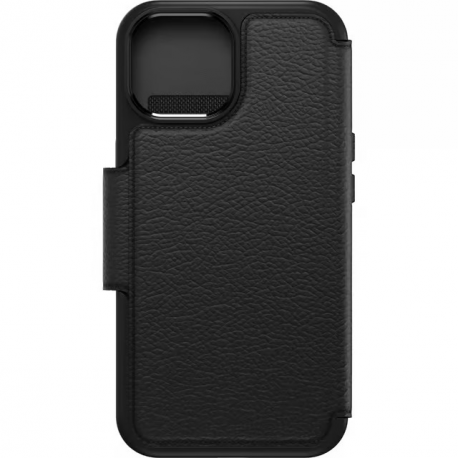 OtterBox Strada Series - Flip cover for mobile phone - MagSafe compatibility - leather - shadow (black) - for Apple iPhone 15 - 0