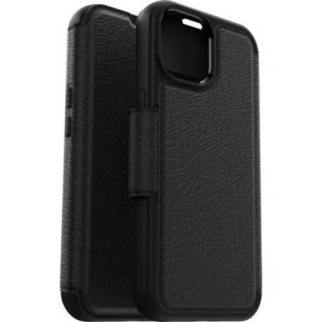 OtterBox Strada Series - Flip cover for mobile phone - MagSafe compatibility - leather - shadow (black) - for Apple iPhone 15 - 1