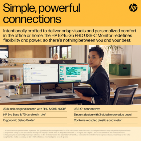 HP E24u G5 - E-Series - LED monitor - 23.8" (23.8" viewable) - 1920 x 1080 Full HD (1080p) @ 75 Hz - IPS - 250 cd / m² - 1000:1 - 5 ms - HDMI, DisplayPort, USB-C - black head, black and silver (stand) - 16