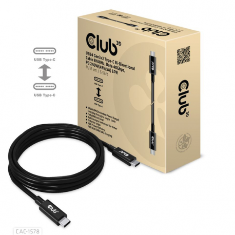 Club 3D - USB cable - 24 pin USB-C (M) to 24 pin USB-C (M) - USB4 Gen3x2 - 48 V - 5 A - 2 m - 8K60Hz support, bi-directional, extended power range (EPR), USB Power Delivery (240W), up to 40 Gbps data transfer rate - 0