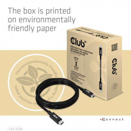 Club 3D - USB cable - 24 pin USB-C (M) to 24 pin USB-C (M) - USB4 Gen3x2 - 48 V - 5 A - 2 m - 8K60Hz support, bi-directional, extended power range (EPR), USB Power Delivery (240W), up to 40 Gbps data transfer rate - 5
