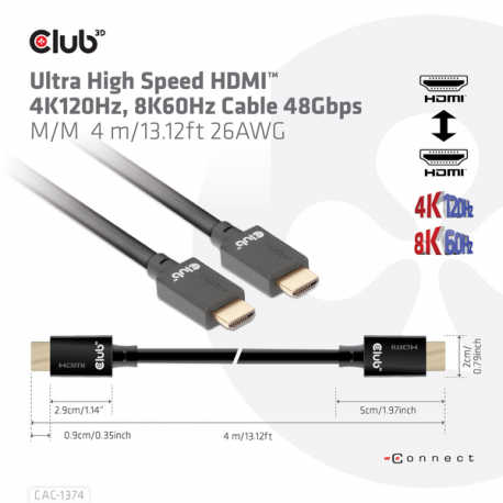 Club 3D - Ultra High Speed - HDMI cable - HDMI male to HDMI male - 4 m - black - 4K120Hz support, 8K60Hz support - 2