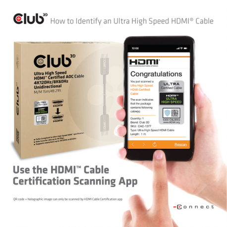 Club 3D CAC-1377 - Ultra High Speed - HDMI cable - HDMI male to HDMI male - 15 m - fibre optic - Active Optical Cable (AOC), 4K120Hz support, 8K60Hz support, Unidirectional - 1