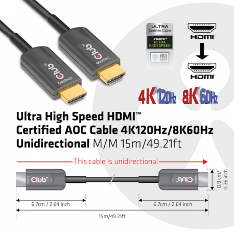 Club 3D CAC-1377 - Ultra High Speed - HDMI cable - HDMI male to HDMI male - 15 m - fibre optic - Active Optical Cable (AOC), 4K120Hz support, 8K60Hz support, Unidirectional - 3