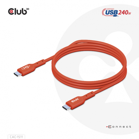 Club 3D - USB cable - 24 pin USB-C (M) to 24 pin USB-C (M) - USB 2.0 - 48 V - 5 A - 1 m - bi-directional, up to 240W power delivery support, extended power range (EPR) - 2