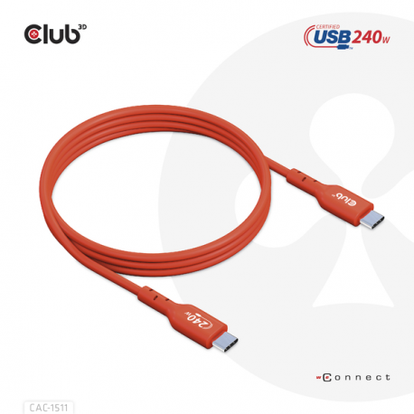 Club 3D - USB cable - 24 pin USB-C (M) to 24 pin USB-C (M) - USB 2.0 - 48 V - 5 A - 1 m - bi-directional, up to 240W power delivery support, extended power range (EPR) - 6