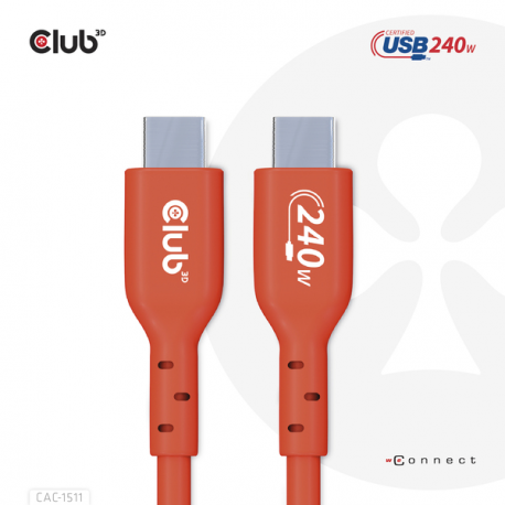 Club 3D - USB cable - 24 pin USB-C (M) to 24 pin USB-C (M) - USB 2.0 - 48 V - 5 A - 1 m - bi-directional, up to 240W power delivery support, extended power range (EPR) - 9