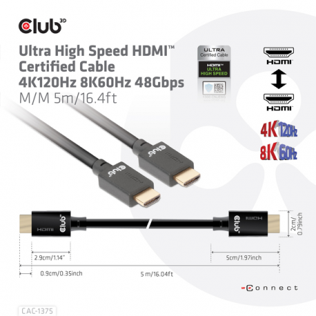 Club 3D - Ultra High Speed - HDMI cable - HDMI male to HDMI male - 5 m - black - 4K120Hz support, 8K60Hz support - 2