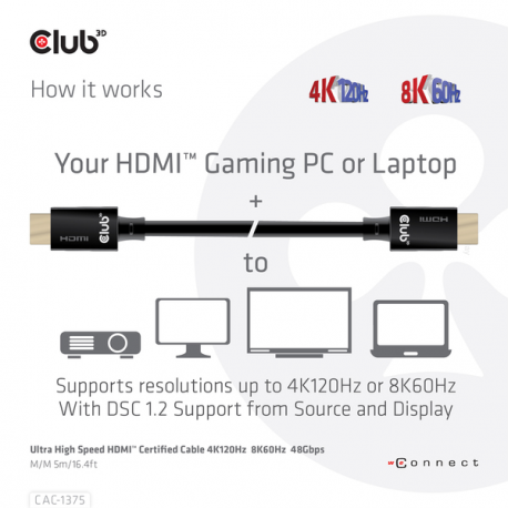Club 3D - Ultra High Speed - HDMI cable - HDMI male to HDMI male - 5 m - black - 4K120Hz support, 8K60Hz support - 7