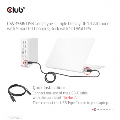 Club 3D - Docking station - USB-C - VGA, 2 x HDMI, DP - GigE - 120 Watt - 5