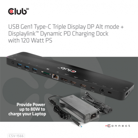 Club 3D - Docking station - USB-C - 2 x HDMI, DP - GigE - 120 Watt - 1