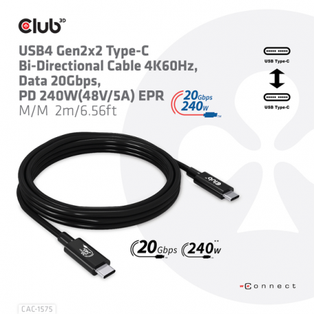 Club 3D - USB cable - 24 pin USB-C (M) to 24 pin USB-C (M) - USB4 Gen2x2 - 48 V - 5 A - 2 m - bi-directional, 4K60Hz support, up to 240W power delivery support, extended power range (EPR) - 6