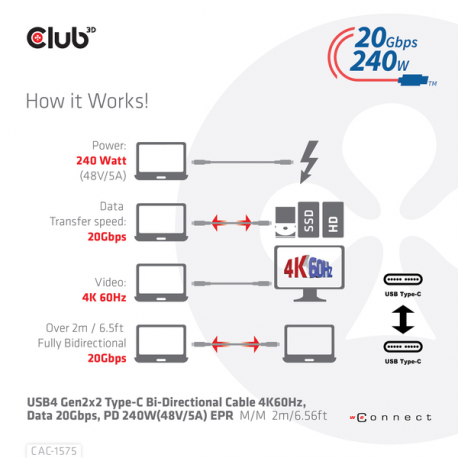 Club 3D - USB cable - 24 pin USB-C (M) to 24 pin USB-C (M) - USB4 Gen2x2 - 48 V - 5 A - 2 m - bi-directional, 4K60Hz support, up to 240W power delivery support, extended power range (EPR) - 9
