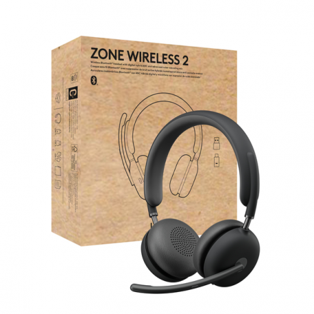 Logitech Zone Wireless 2 UC - Headset - on-ear - Bluetooth - wireless - active noise cancelling - USB-C via Bluetooth adapter - graphite - Optimised for UC - 0