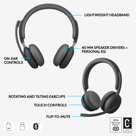 Logitech Zone Wireless 2 UC - Headset - on-ear - Bluetooth - wireless - active noise cancelling - USB-C via Bluetooth adapter - graphite - Optimised for UC - 1
