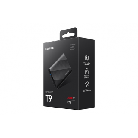 Samsung T9 MU-PG2T0B - SSD - encrypted - 2 TB - external (portable) - USB 3.2 Gen 2x2 (USB-C connector) - 256-bit AES - black - 7
