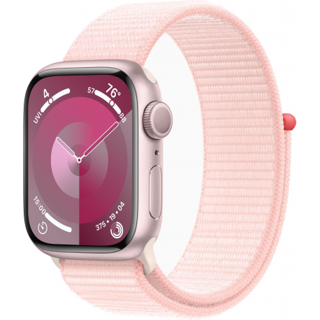Apple Watch Series 9 (GPS) - 41 mm - pink aluminium - smart watch with sport loop - soft double-layer nylon - light pink - wrist size: 130-200 mm - 64 GB - Wi-Fi, UWB, Bluetooth - 31.9 g - 0