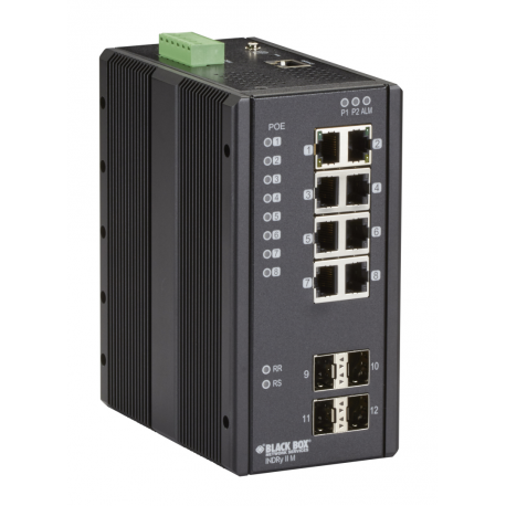 Black Box Industrial Managed Ethernet PoE+ Switch - Switch - Managed - 8 x 10/100/1000 (PoE+) + 4 x SFP - desktop, DIN rail mountable, wall-mountable - PoE+ - 0