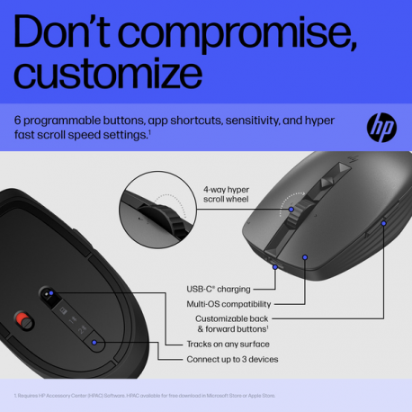 HP 715 - Mouse - multi-device, rechargeable - 7 buttons - wireless, wired - 2.4 GHz, Bluetooth 3.0 - USB wireless receiver - black - 13