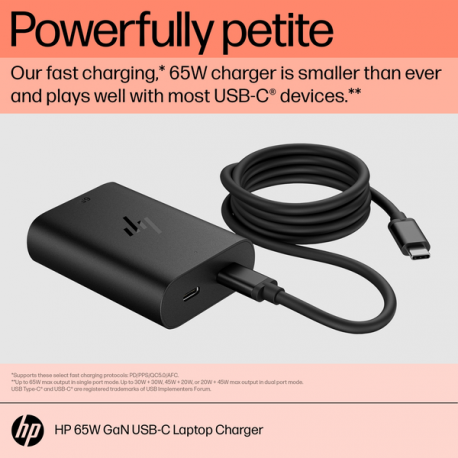 HP GaN USB-C Laptop Charger - Power adapter - AC 115 / 230 V - 65 Watt - output connectors: 2 - Europe - 9