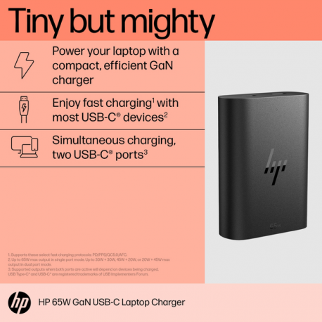 HP GaN USB-C Laptop Charger - Power adapter - AC 115 / 230 V - 65 Watt - output connectors: 2 - Europe - 11