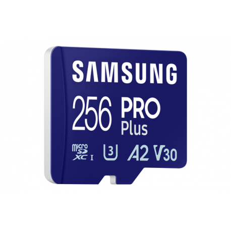 Samsung PRO Plus MB-MD256SA - Flash memory card (microSDXC to SD adapter included) - 256 GB - A2  /  Video Class V30  /  UHS-I U3 - microSDXC UHS-I - blue - 1