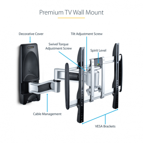 StarTech.com Articulating TV Wall Mount, VESA Wall Mount Supports 65 inch / 99lb / Flat / Curved TVs, Retractable Low Profile Wall Mount TV Bracket, Adjustable Corner TV Wall Mount, Swivel / Rotation / Tilt (TV-WALL-MOUNT-65FS) - Mounting kit (wall mount, 2 vertical brackets) - articulating - for curved  /  flat panel - low profile - aluminium, steel - black, silver - screen size: 26"-65" - wall-mountable - TAA Compliant - 1
