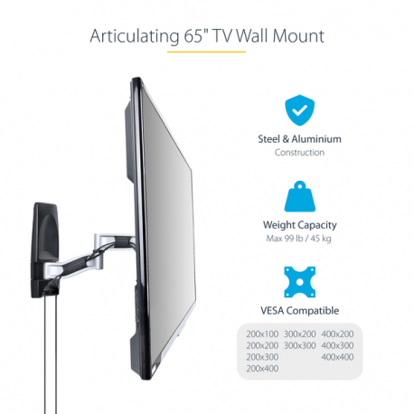 StarTech.com Articulating TV Wall Mount, VESA Wall Mount Supports 65 inch / 99lb / Flat / Curved TVs, Retractable Low Profile Wall Mount TV Bracket, Adjustable Corner TV Wall Mount, Swivel / Rotation / Tilt (TV-WALL-MOUNT-65FS) - Mounting kit (wall mount, 2 vertical brackets) - articulating - for curved  /  flat panel - low profile - aluminium, steel - black, silver - screen size: 26"-65" - wall-mountable - TAA Compliant - 12
