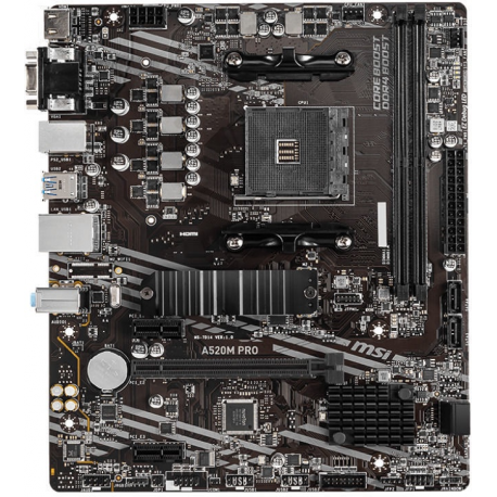 MSI A520M PRO - Motherboard - micro ATX - Socket AM4 - AMD A520 Chipset - USB 3.2 Gen 1 - Gigabit LAN - onboard graphics (CPU required) - HD Audio (8-channel) - 0