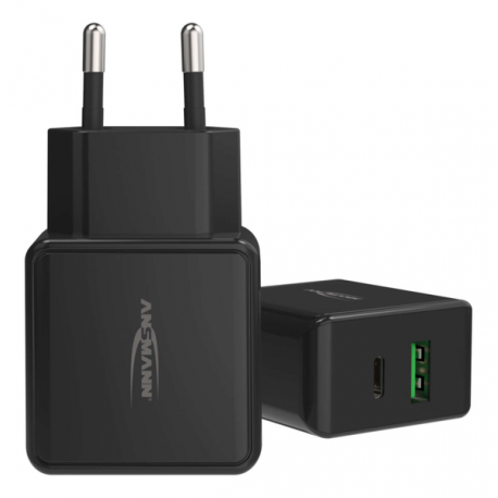 ANSMANN HC218PD - Power adapter - 18 Watt - 3000 mA - PD, QC 3.0 - 2 output connectors (USB, USB-C) - black - 0