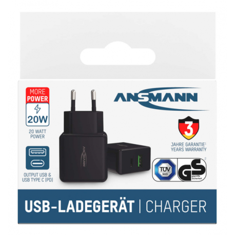 ANSMANN HC218PD - Power adapter - 18 Watt - 3000 mA - PD, QC 3.0 - 2 output connectors (USB, USB-C) - black - 3